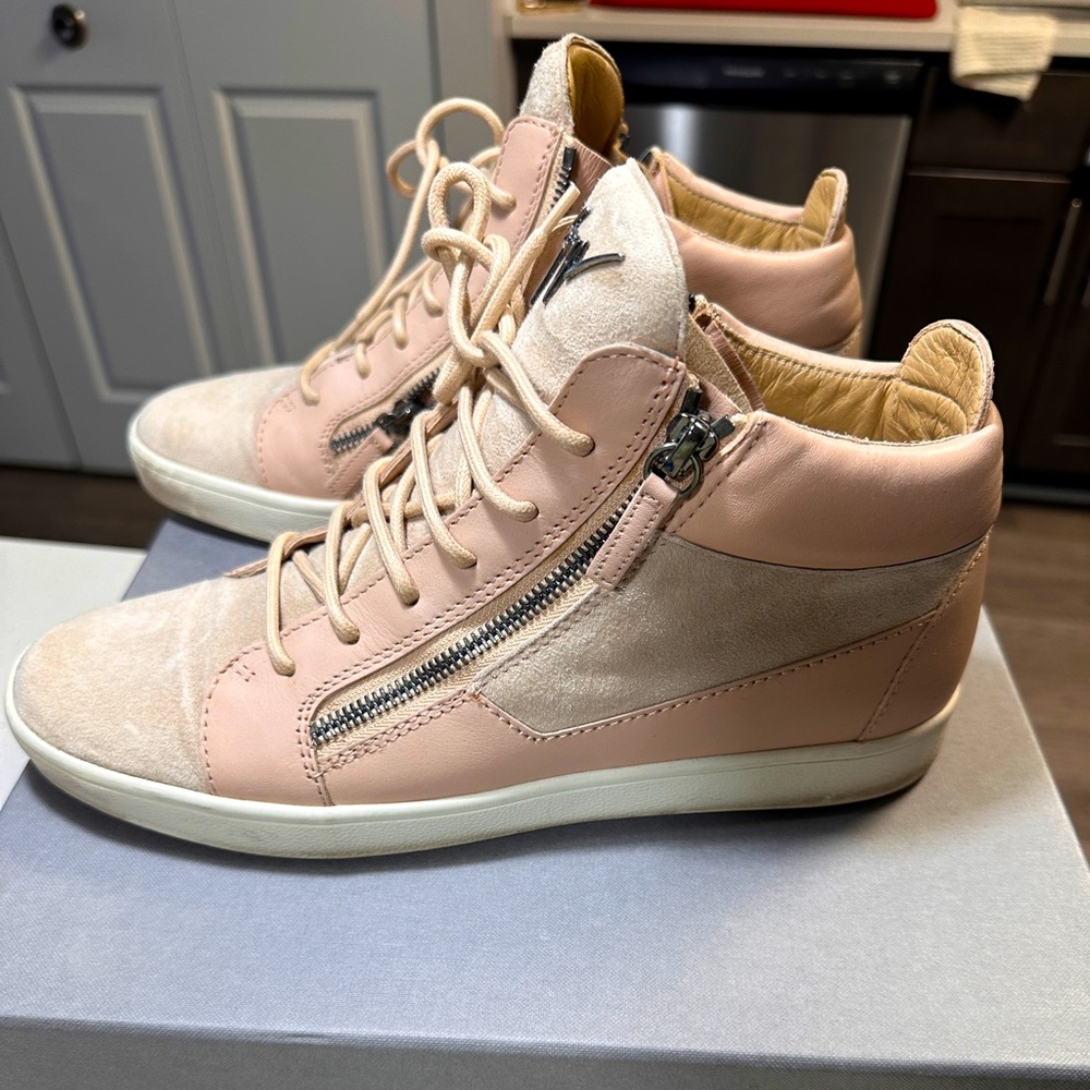 Giuseppe Zanotti Breck Zip Suede And Leather High Top Nude Sneakers Size 40